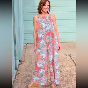 CAROLINE HILL Coral & Blue Tropical Print Wide-Leg Jumpsuit size M